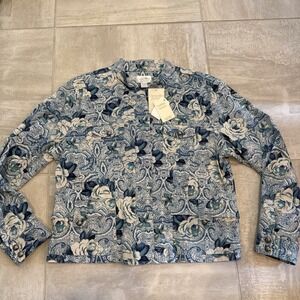 NWT Christopher & Banks Size XL‎ Blue Floral Paisley Jean Jacket Comfort Stretch